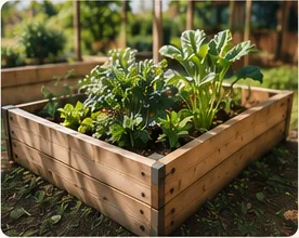 Raised community garden bed full of vegetables.