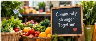 Baskets of fresh produce beside a chalkboard reading “Community Stronger Together”.