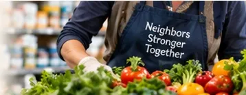 A St. Brigid's volunteer in a “Neighbors Stronger Together” apron holding a crate of fresh produce.