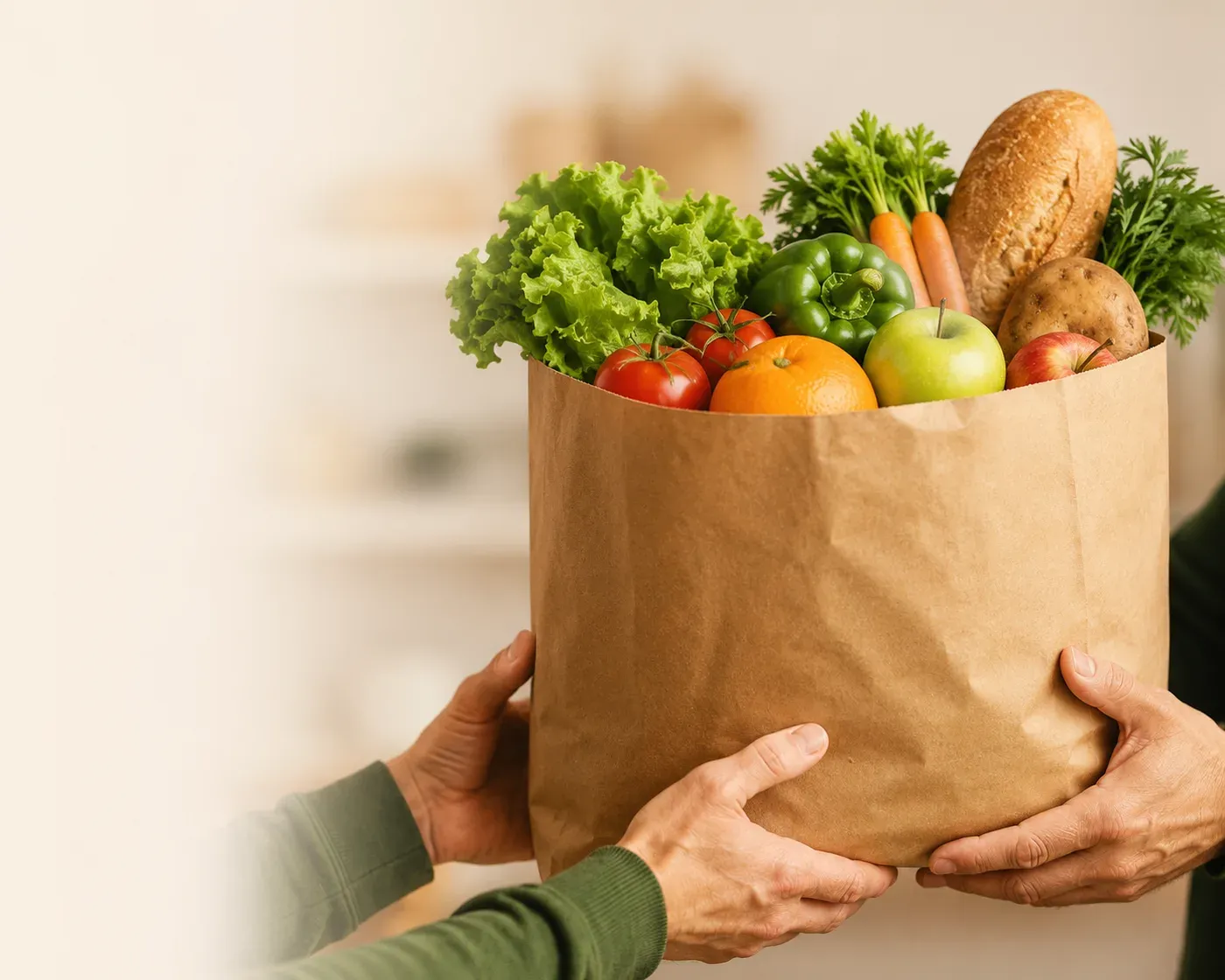Two people passing a paper bag filled with fresh lettuce, tomatoes, carrots, bread and fruit.